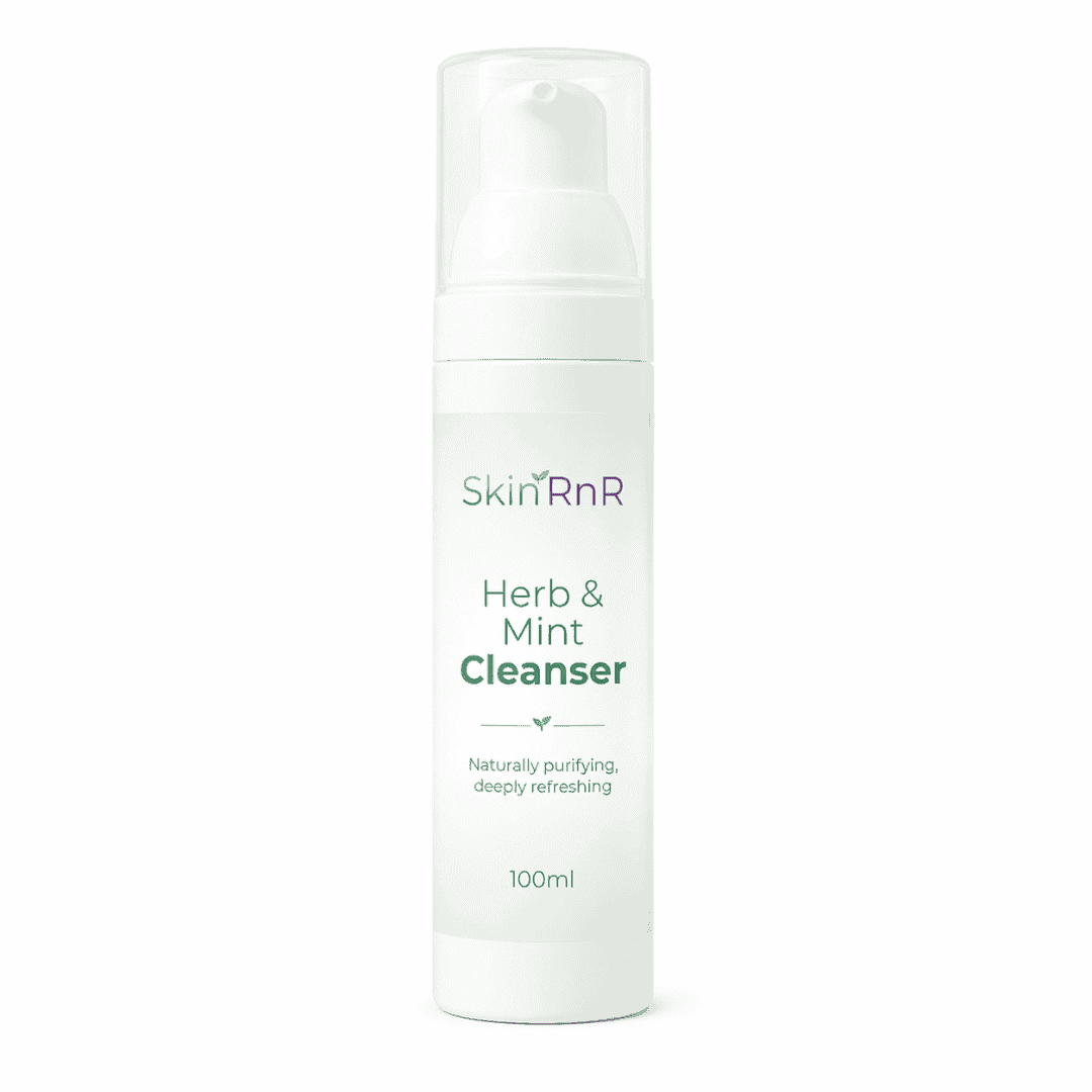 Skincare cleanser bottle labeled 'Skin RnR Herb & Mint Cleanser' on a white background