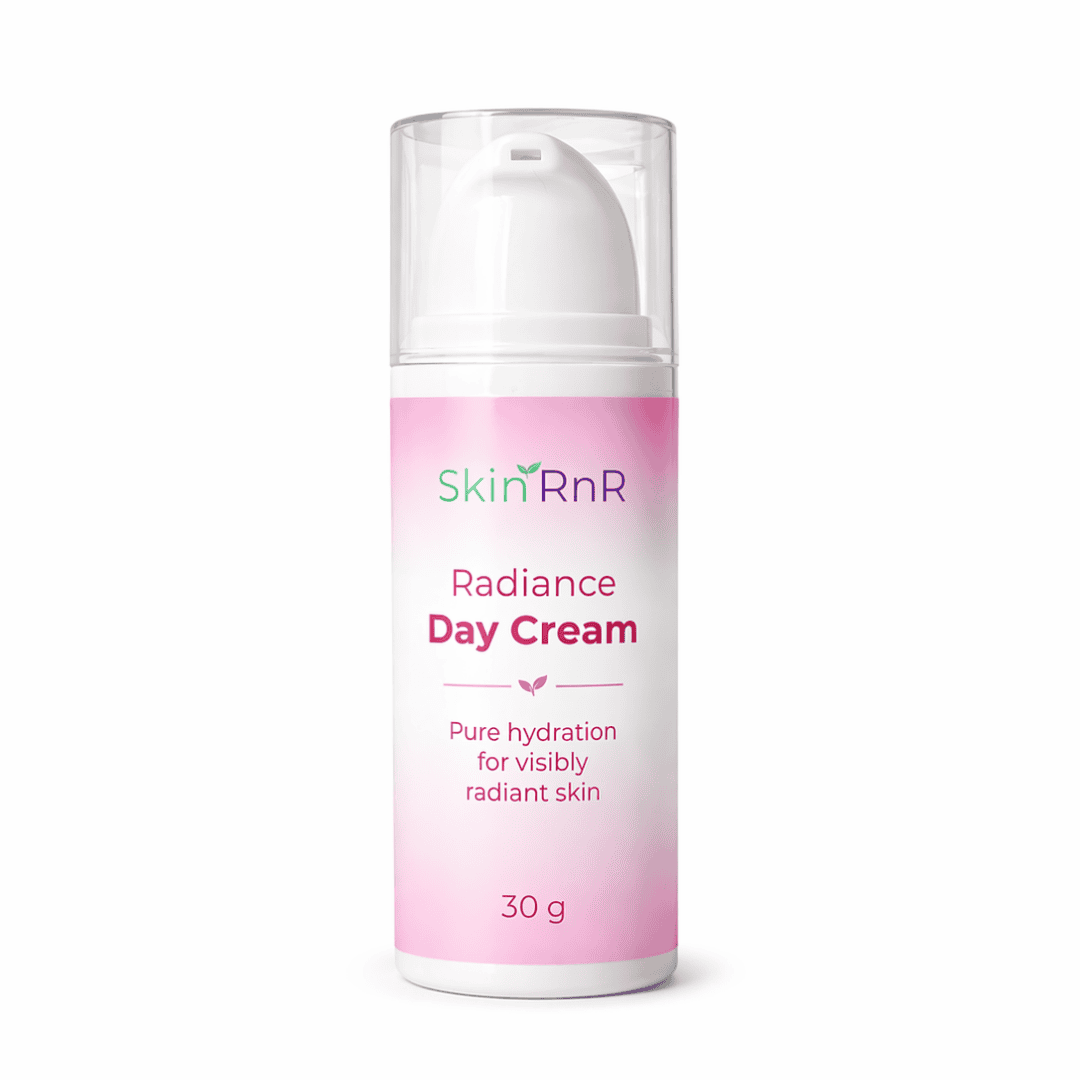 Skin RnR Radiance Day Cream bottle on a white background