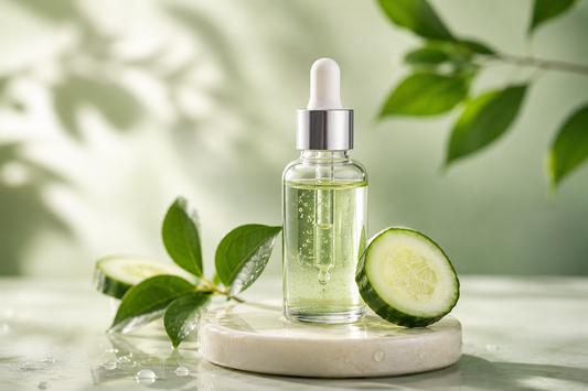 Hydrating face serum with fresh cucumber, representing a simple skincare routine for hydrated, balanced skin.