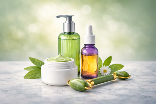 Simple skincare routine with moisturizer, serum, and facial roller for improving dull, dry, and unbalanced skin