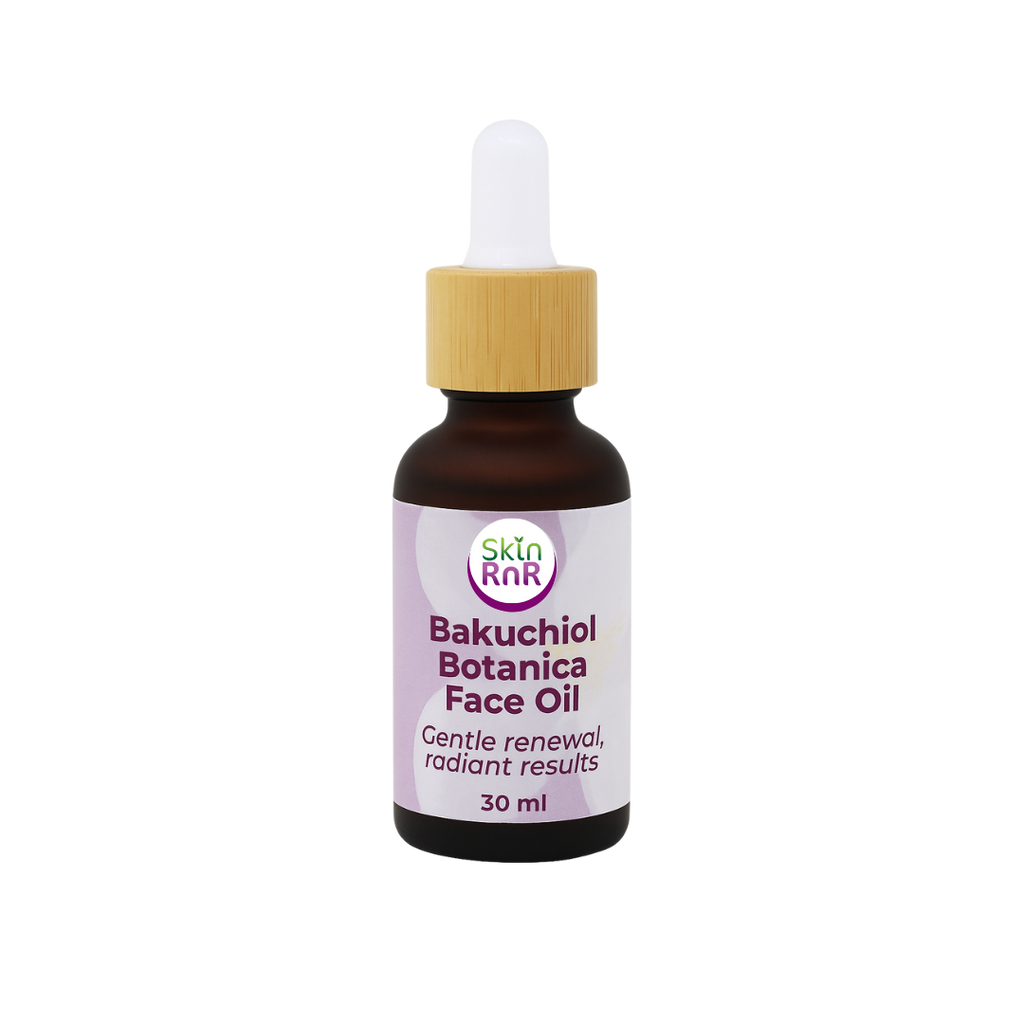 A brown glass dropper bottle of Skin RnR Bakuchiol Botanica Face Oil with a bamboo cap and purple label, a plant-based retinol alternative that smooths fine lines and restores radiant, healthy-looking skin.