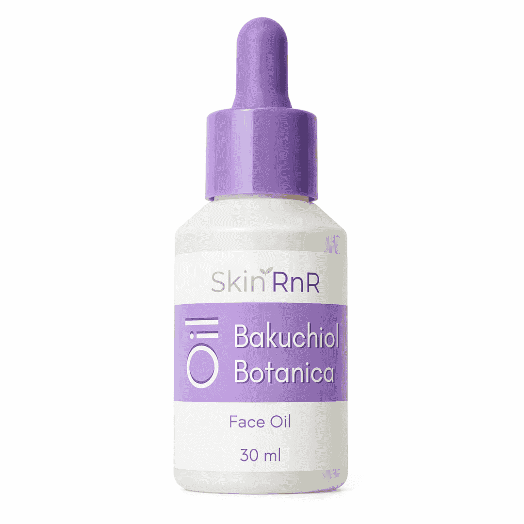 Bottle of SkinRnR Bakuchiol Botanica Face Oil with a purple dropper on a white background