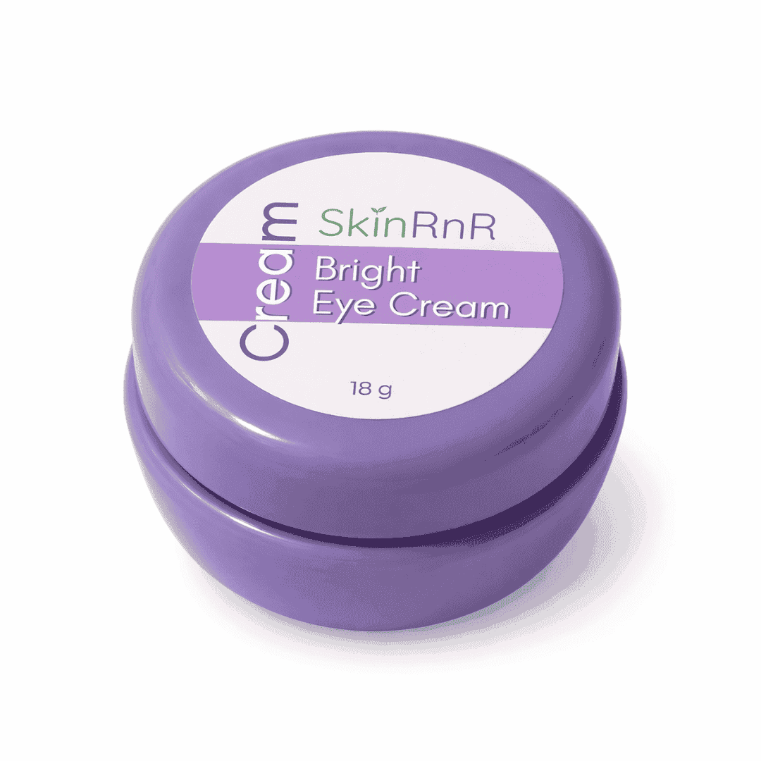 Purple container of SkinRnR Bright Eye Cream on a white background