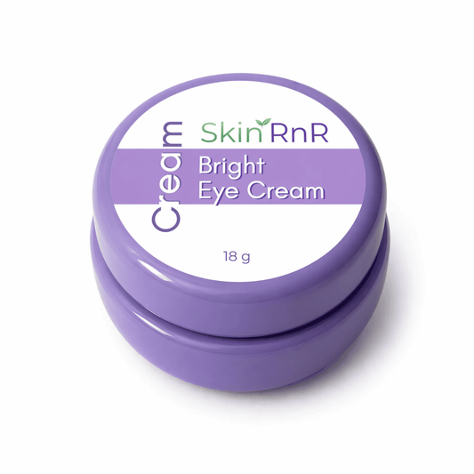 Purple container of SkinRnR Bright Eye Cream on a white background