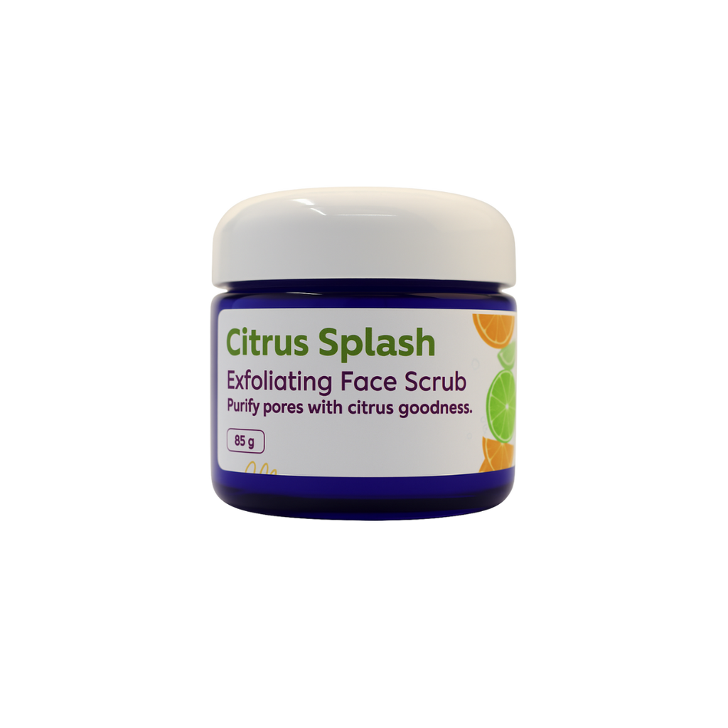A cobalt blue jar of Skin RnR Citrus Splash Exfoliating Face Scrub with a white lid and citrus-themed label, a plant-based exfoliant that gently polishes away impurities to reveal smoother, brighter skin.