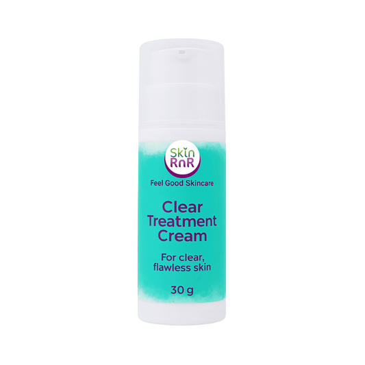 A white bottle of Skin RnR Clear Treatment Cream with a turquoise label, a gentle plant-based formula that helps calm acne-prone skin and reduce visible breakouts for a clearer, healthier complexion.