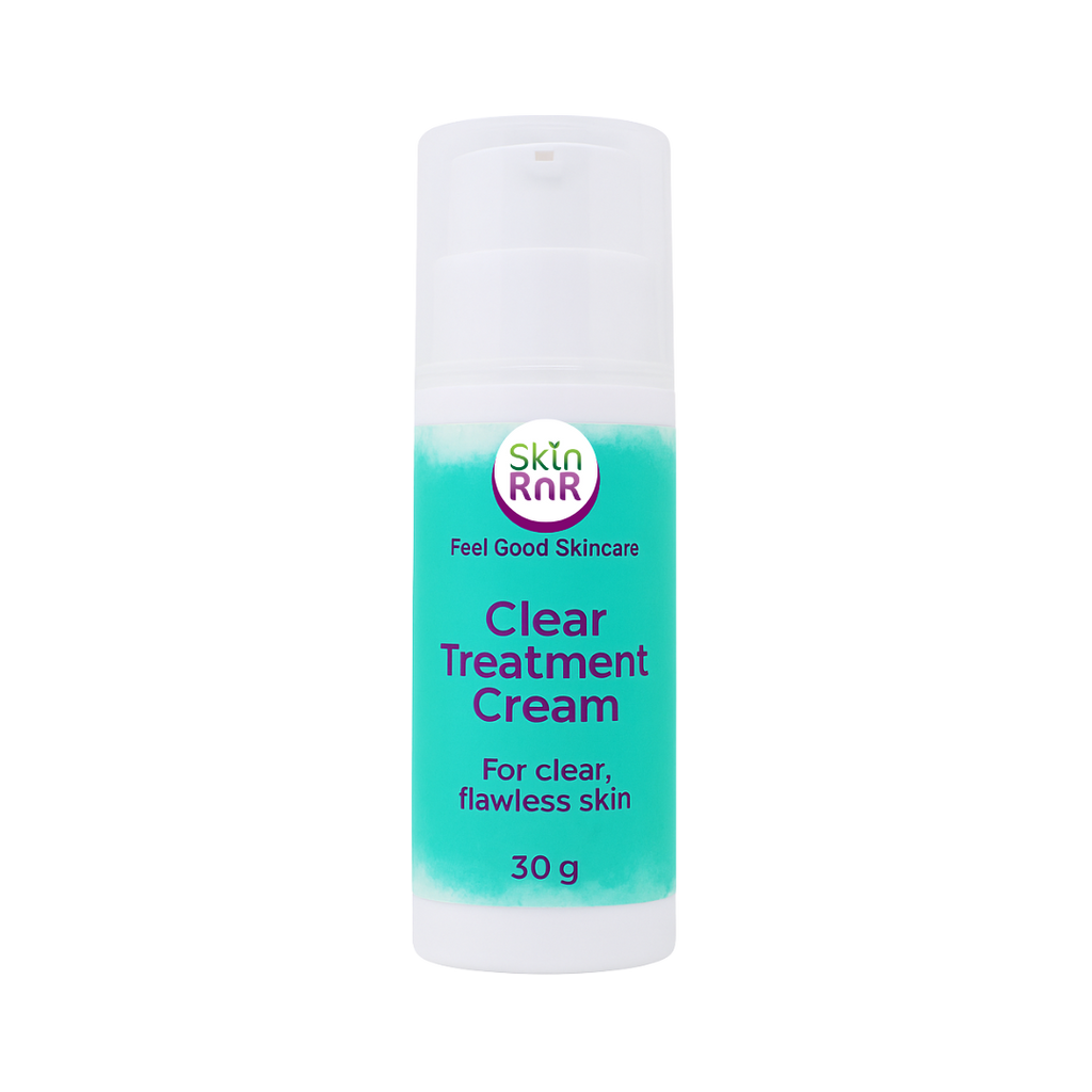 A white bottle of Skin RnR Clear Treatment Cream with a turquoise label, a gentle plant-based formula that helps calm acne-prone skin and reduce visible breakouts for a clearer, healthier complexion.