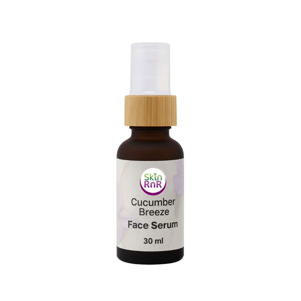 A brown glass bottle of Skin RnR Cucumber Breeze Face Serum with a bamboo pump and white label, a lightweight, cooling serum that hydrates and refreshes the skin for a natural, healthy glow.