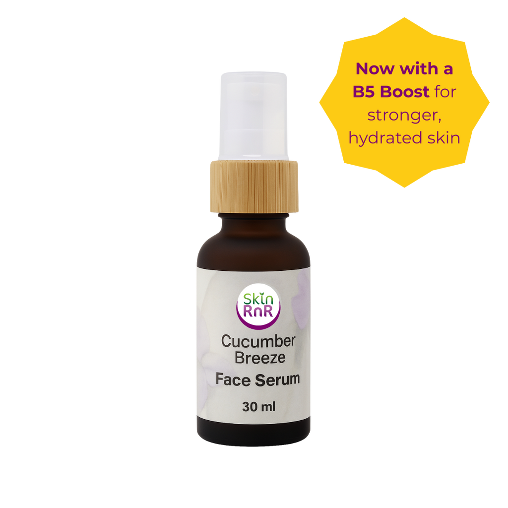 A 30 ml bottle of Skin RnR Cucumber Breeze Face Serum with a bamboo cap, displayed next to a yellow badge that reads “Now with a B5 Boost for stronger, hydrated skin.