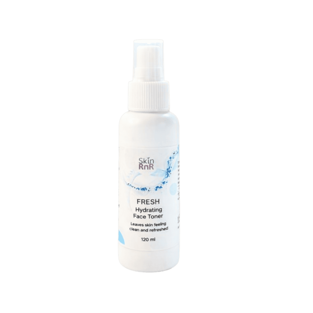 Skin RnR Fresh Hydrating Face Toner, a plant-based facial mist in a white spray bottle for clean, refreshed skin.