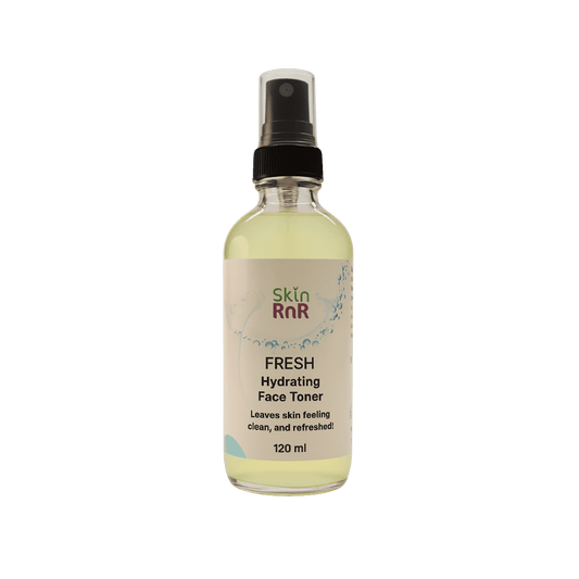 Glass spray bottle of Skin RnR Fresh Hydrating Face Toner, a clean, refreshing toner that hydrates and balances skin.