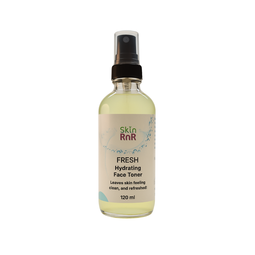 Glass spray bottle of Skin RnR Fresh Hydrating Face Toner, a clean, refreshing toner that hydrates and balances skin.