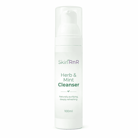 Skincare cleanser bottle labeled 'Skin RnR Herb & Mint Cleanser' on a white background