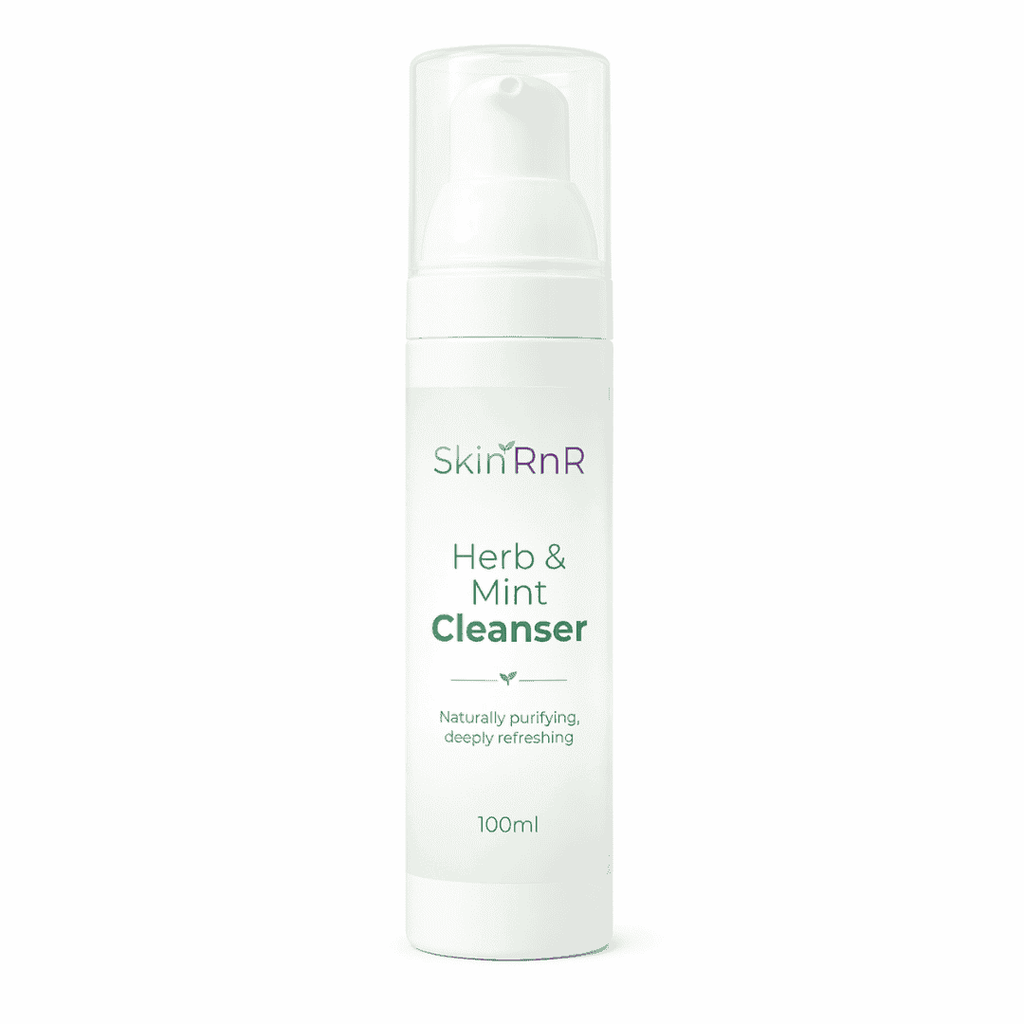 Skincare cleanser bottle labeled 'Skin RnR Herb & Mint Cleanser' on a white background