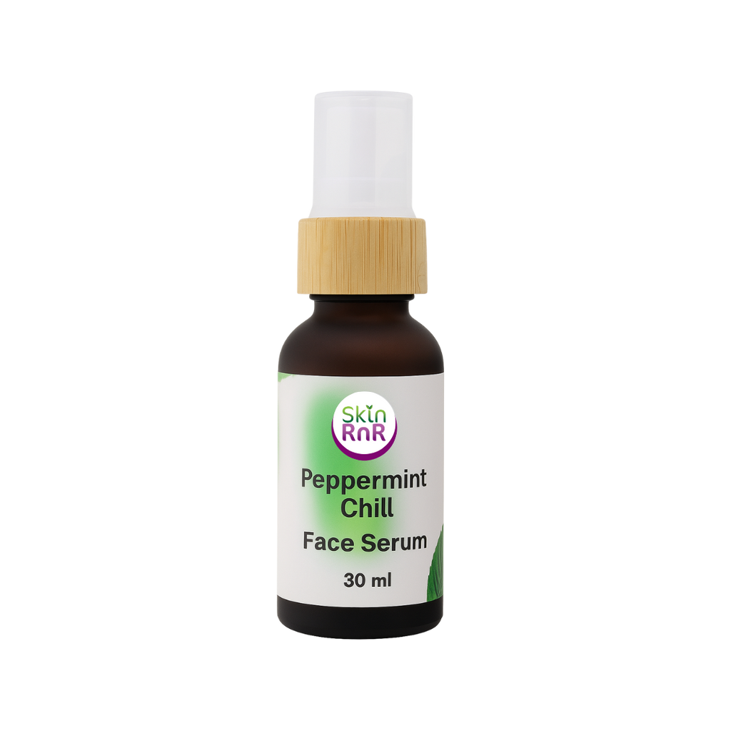 A brown glass bottle of Skin RnR Peppermint Chill Face Serum with a bamboo pump and white label, a cooling plant-based serum that soothes, refreshes, and revives tired skin.