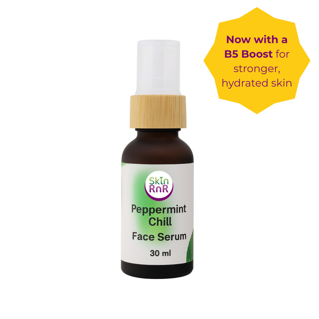 A 30 ml bottle of Skin RnR Peppermint Chill Face Serum with a bamboo cap, shown beside a yellow badge that says “Now with a B5 Boost for stronger, hydrated skin.