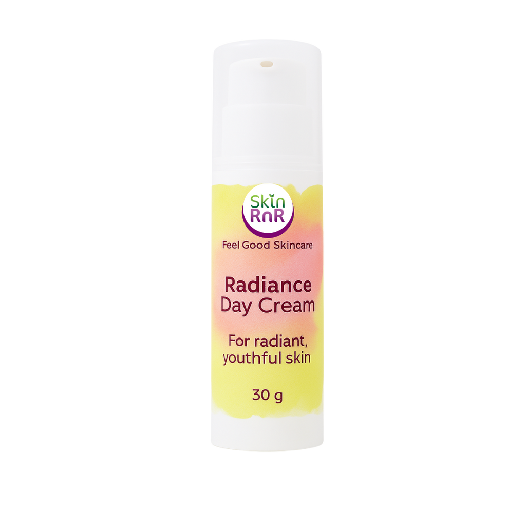 A white bottle of Skin RnR Radiance Day Cream with a pink and yellow label, a brightening plant-based moisturizer for radiant, youthful skin.