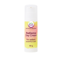 A white bottle of Skin RnR Radiance Day Cream with a pink and yellow label, a brightening plant-based moisturizer for radiant, youthful skin.