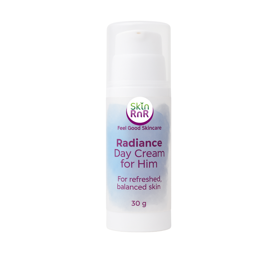 A white bottle of Skin RnR Radiance Day Cream for Him with a blue and gray label, a lightweight plant-based moisturizer that refreshes, hydrates, and balances men’s skin.
