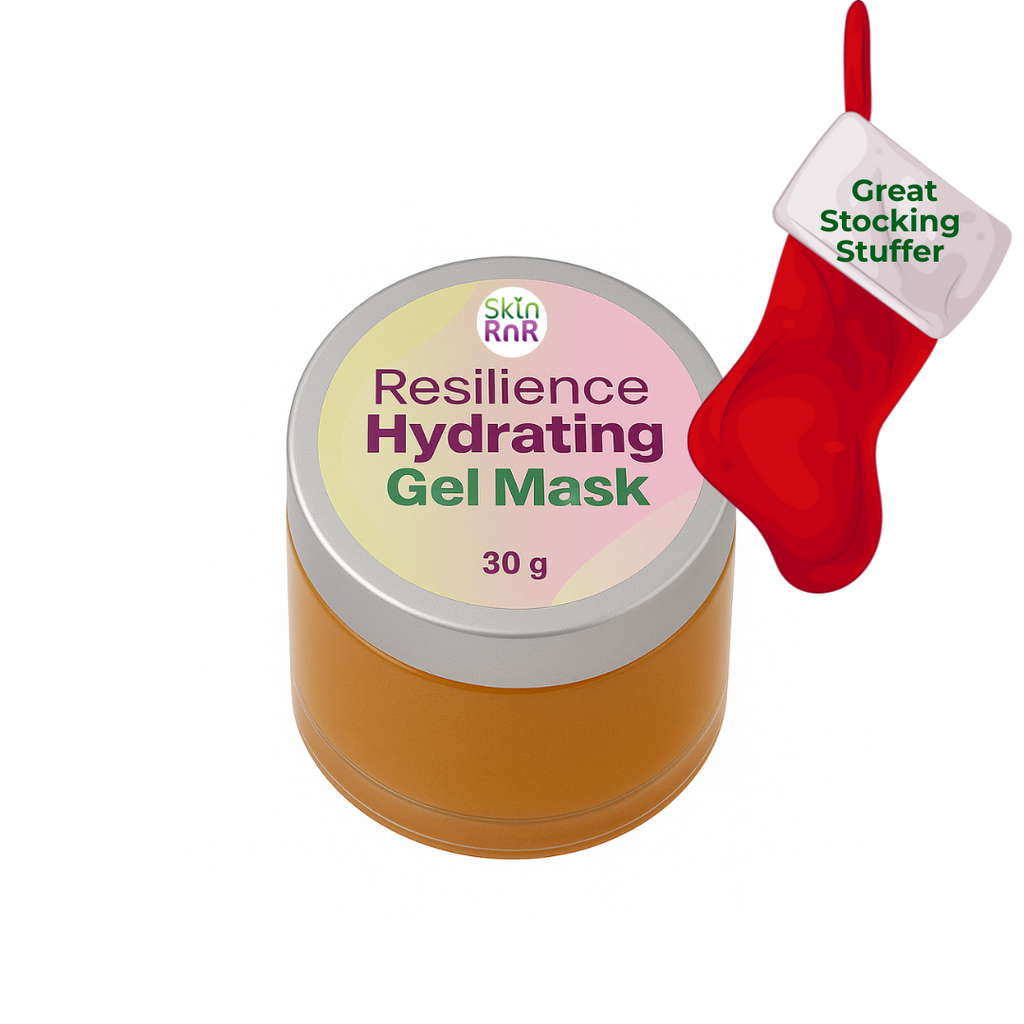 Angled amber jar of the Resilience Hydrating Gel Mask with a silver lid and pastel label, shown on a white background with a festive red stocking graphic that reads “Great Stocking Stuffer.