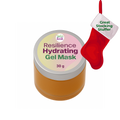 Angled amber jar of the Resilience Hydrating Gel Mask with a silver lid and pastel label, shown on a white background with a festive red stocking graphic that reads “Great Stocking Stuffer.