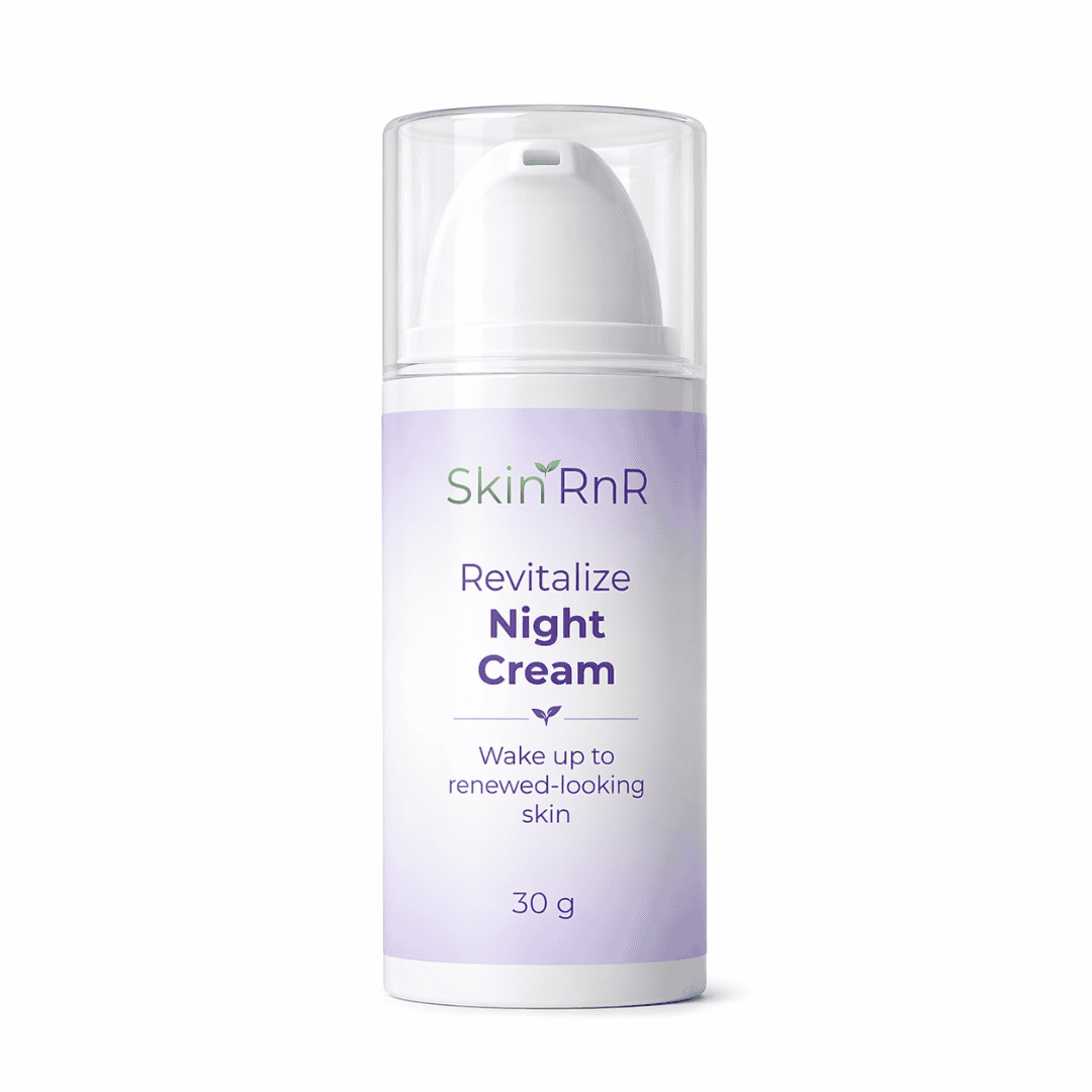 Skincare cream bottle labeled 'SkinRnR Revitalize Night Cream' on a white background