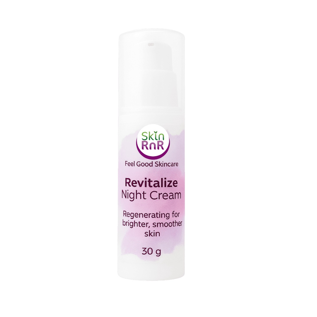 A white bottle of Skin RnR Revitalize Night Cream with a soft purple label, a nourishing night cream that restores hydration and promotes smoother, brighter skin overnight.