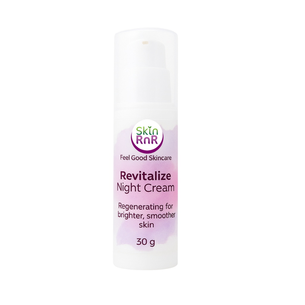 A white bottle of Skin RnR Revitalize Night Cream with a soft purple label, a nourishing night cream that restores hydration and promotes smoother, brighter skin overnight.