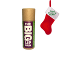 Front view of The BIG Lip Balm in a kraft paper tube with a purple and green label, shown alongside a festive red stocking graphic that reads “Great Stocking Stuffer.